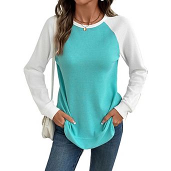 Women Fall Waffle Knit Color Block Raglan Sleeve Tops