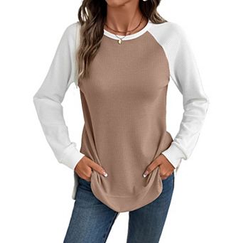 Women Fall Waffle Knit Color Block Raglan Sleeve Tops