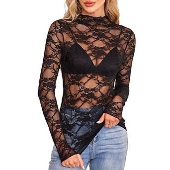 Women's Floral Lace Long Sleeve Top Sheer Fitted Blouse
