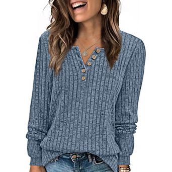 Women Henley Button Ribbed Knit Long Sleeve Casual Top