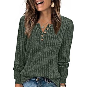 Women Henley Button Ribbed Knit Long Sleeve Casual Top