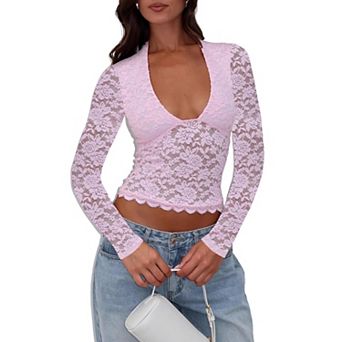 Womens Collared Deep V Floral Lace Long Sleeve Slim Crop Top