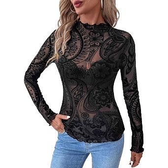 Womens Mock Neck Paisley Lace Long Sleeve Layering Top