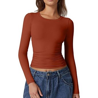 Women Stretchy Ruched Side Long Sleeve Fitted Going Out Top