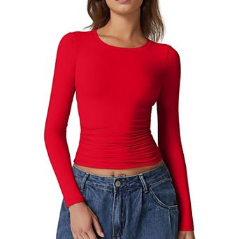 Women Stretchy Ruched Side Long Sleeve Fitted Going Out Top