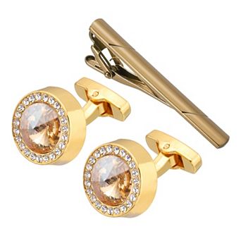 Crystal Cufflinks and Tie Clip Set, Men Cufflinks and Necktie Tie Bar Clips Kit with Box
