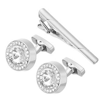 Crystal Cufflinks and Tie Clip Set, Men Cufflinks and Necktie Tie Bar Clips Kit with Box
