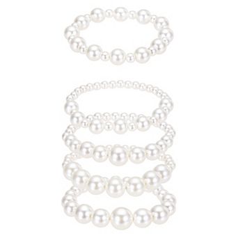 5 pc Pearl Bracelets for Women, Layered Stackable Faux Pearl Beads Stretch Bracelet Beige
