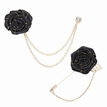 Rose Flower Lapel Pin for Men, 2 Style Brooch Kit Gold Leaf Boutonnieres Stick Brooch Tassel Chain