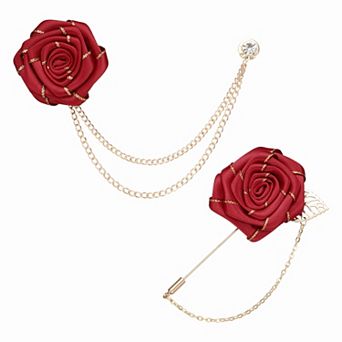 Rose Flower Lapel Pin for Men, 2 Style Brooch Kit Gold Leaf Boutonnieres Stick Brooch Tassel Chain