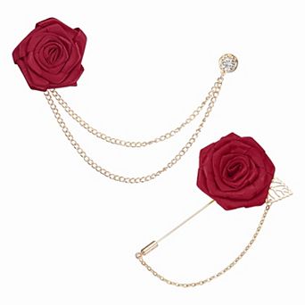 Rose Flower Lapel Pin for Men, 2 Style Solid Cloth Brooch Kit Gold Leaf Boutonnieres Stick Brooch