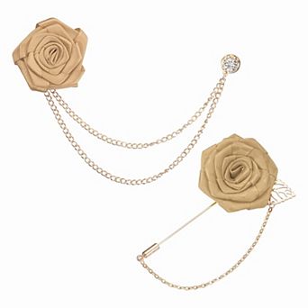 Rose Flower Lapel Pin for Men, 2 Style Solid Cloth Brooch Kit Gold Leaf Boutonnieres Stick Brooch