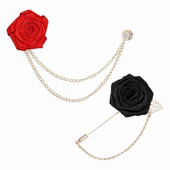 Rose Flower Lapel Pin for Men, 2 Style Solid Cloth Brooch Kit Gold Leaf Boutonnieres Stick Brooch