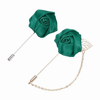 Rose Flower Lapel Pin for Men, 2 Style Brooch Kit Leaf Tassel Chain Satin Boutonnieres Stick Brooch