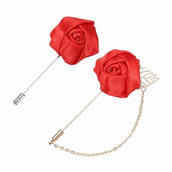 Rose Flower Lapel Pin for Men, 2 Style Brooch Kit Leaf Tassel Chain Satin Boutonnieres Stick Brooch