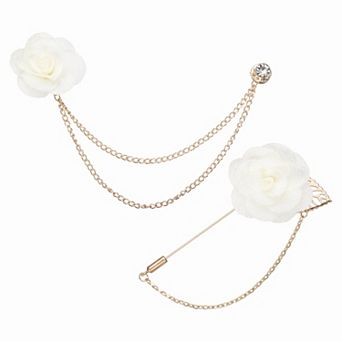Rose Flower Lapel Pin for Men, 2 Style Camellia Brooch Kit Boutonnieres Stick Brooch Tassel Chain