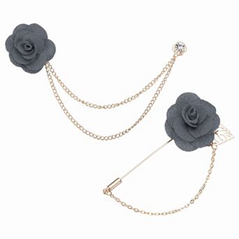 Rose Flower Lapel Pin for Men, 2 Style Camellia Brooch Kit Boutonnieres Stick Brooch Tassel Chain