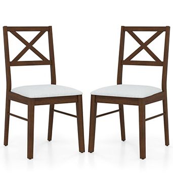 Set of 2 Upholstered Cross Back Dining Chairs Fabric Seat Rubber Wood Frame Chairs