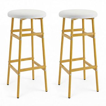 Set of 2 Bar Height Stools with Upholstered Linen Seats and Metal Frame for Home Bar