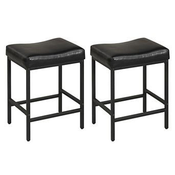 Set of 2 Counter Height Bar Stools with Faux Leather Saddle Seats and Metal Frame