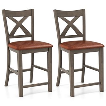 Farmhouse Counter Height Bar Stools Set of 2 with Cross Back and Faux Leather Seats