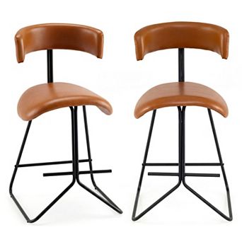 Set of 2 Bar Height Stools with Faux Leather Upholstered Seats and Metal Frame