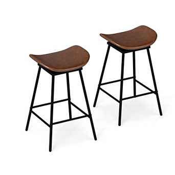 Set of 2 Swivel Bar Stools with Faux Leather Saddle Seats and Metal Frame