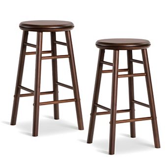 Set of 2 Swivel Counter Height Bar Stools with Round Wood Seats and Footrest