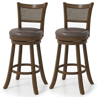 Bar Height Swivel Chairs Set of 2, Upholstered Stools with Rattan Back and Footrest