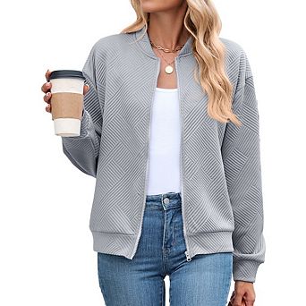 Women Bomber Jacket Textured Casual Lightweight Trendy Outerwear Coat