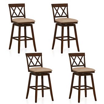 Farmhouse Swivel Bar Stool Set with Upholstered Linen Seat, Curved Backrest and Footrest