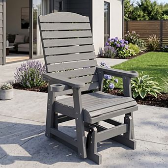 Poly Lumber Patio Glider for One Person, with Cup Holders, High Backrest and Deep Contoured Seat