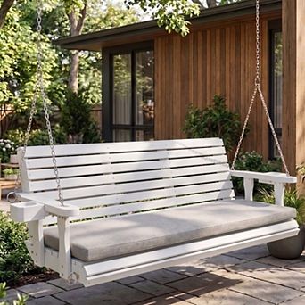 Wooden Porch Swing 3-Seater, High Backrest and Deep Seat, Bench Swing with Cupholders