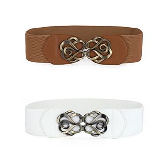 2 pc Women's Elastic Belts Metal Interlocking Buckle Stretchy Belts