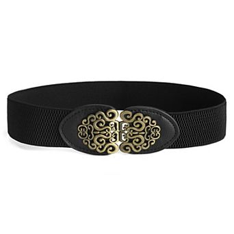 Women Gold Tone Flower Design Metal Interlocking Buckle Belt 25-32"