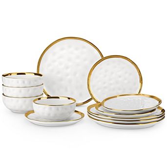 12 pc Porcelain Dining Set with Gold Rim for 4, incl. Dinner Plates, Dessert Plates, Bowls