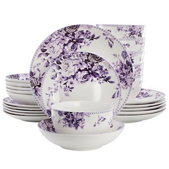 Elama Traditional Purple Rose 24 pc Porcelain Double Bowl Dinnerware Set