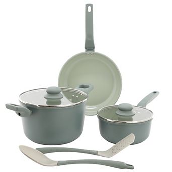 Gibson Home Barnsdall 7 pc Ceramic Nonstick Aluminum Cookware Set in Sage Green
