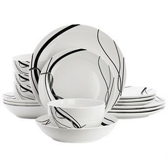 Elama Sarah 16 pc Porcelain Double Bowl Black Ribbon Dinnerware Set, Service for 4