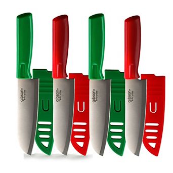 Gibson Everyday Grantville 4 pc 6 Inch Santoku Knife with Sheath in Red and Green