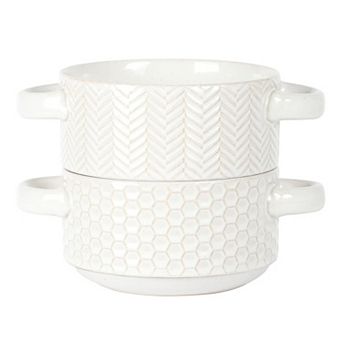 Gibson Elite Earlhart 2 pc 6 Inch Ribbed Stoneware Soup Bowl Set with Handles in White