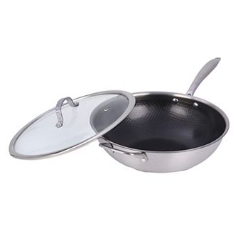 Brentwood 12-inch 4.2-qt Hybrid Non-Stick Stainless Steel Wok with Glass Lid