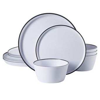 Gibson Home Folsom Shores 12 pc Melamine Dinnerware Set in White w/ Black Rim