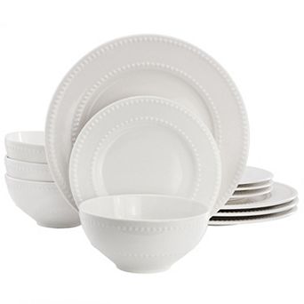 Elama Genevieve 12 pc Stoneware Dinnerware Set in White, Service for 4
