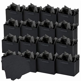 Deep Black Gift Cardboard Bags with Ribbon Handles Tissue Paper Reusable Party Supplies