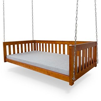 6.6 FT Outdoor Wooden Porch Swing Bed with Cushion, Hanging Daybed Bench for Patio Garden Backyard