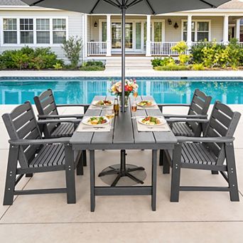 5 pc HDPE Poly Lumber Table and Chair, Outdoor Dining Set With Umbrella Hole - 1 table & 4 chairs