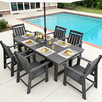 7 pc HDPE Poly Lumber Table and Chair, Outdoor Dining Set With Umbrella Hole - 1 table & 6 chairs