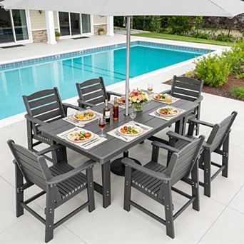 7 pc HDPE Poly Lumber Table and Chair, Outdoor Dining Set With Umbrella Hole - 1 table & 6 chairs