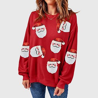 Christmas Sweatshirts for Women Sequin Santa Oversized Pullover Tops Crew Neck Long Sleeve Shirts